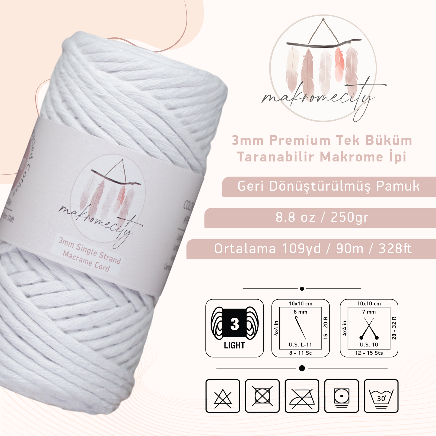 Premium 3mm Taranabilir Pamuk Makrome İpi Beyaz