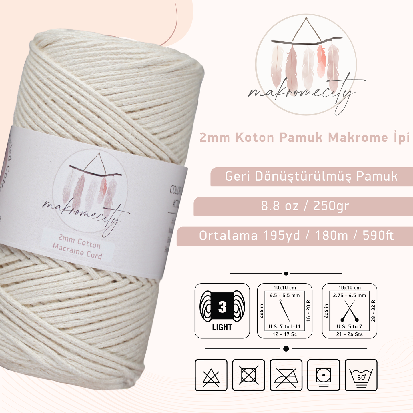 Premium 250 gr 185 metre 2mm Koton Pamuk Makrome İpi - Ekru