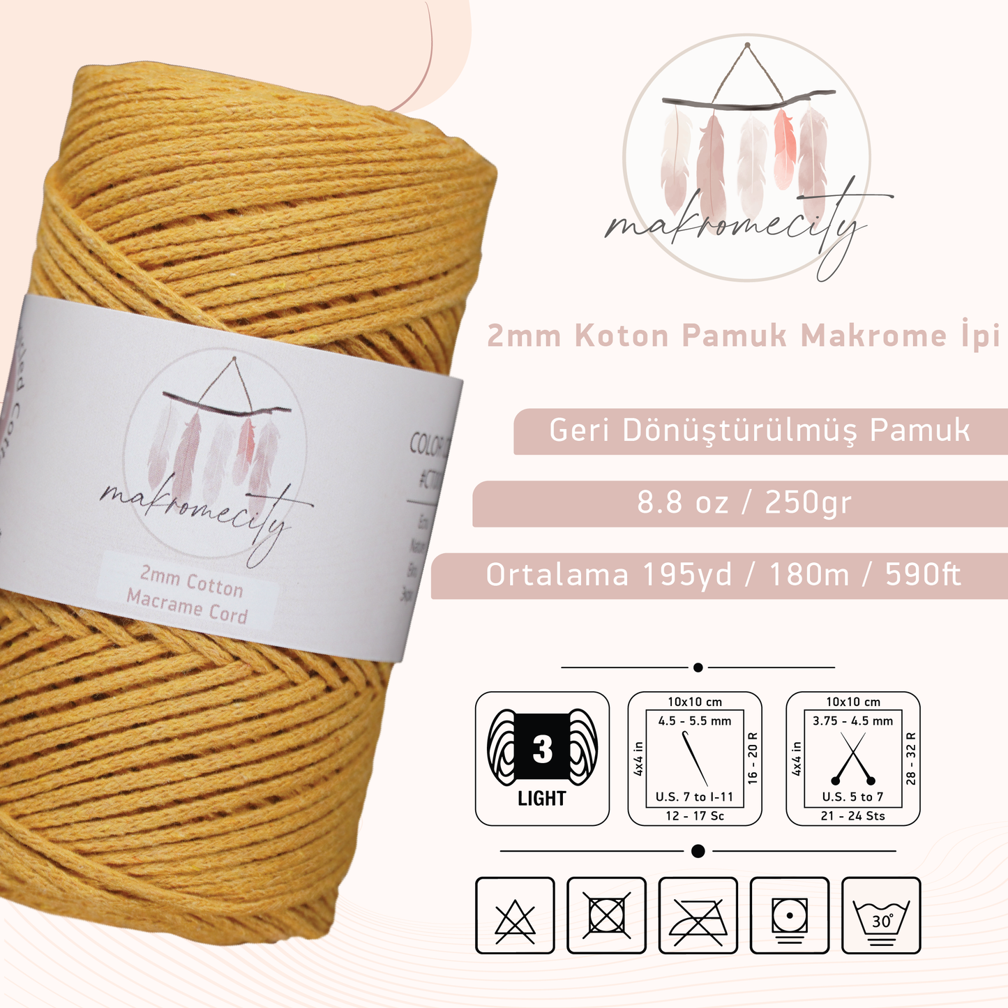 Premium 250 gr 185 metre 2mm Koton Pamuk Makrome İpi - Hardal