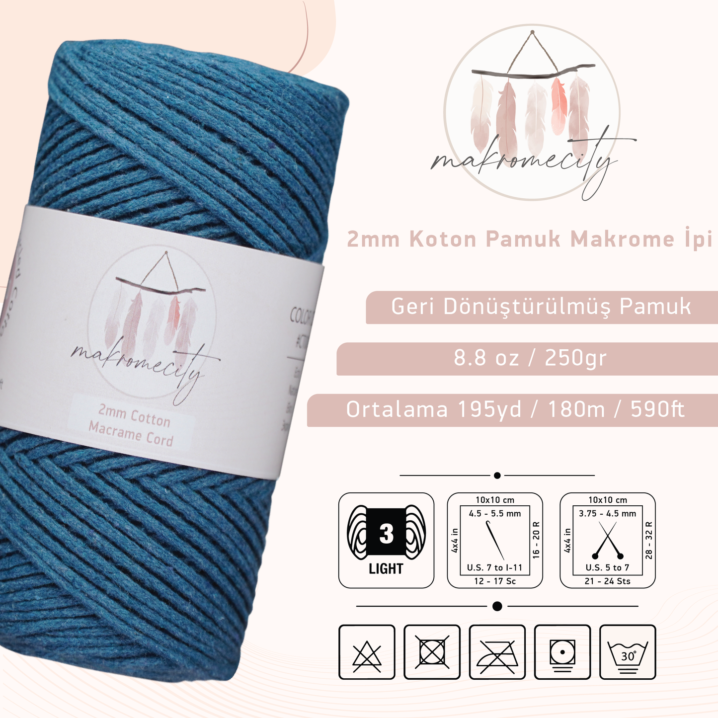 Premium 250 gr 185 metre 2mm Koton Pamuk Makrome İpi - Kot Mavi