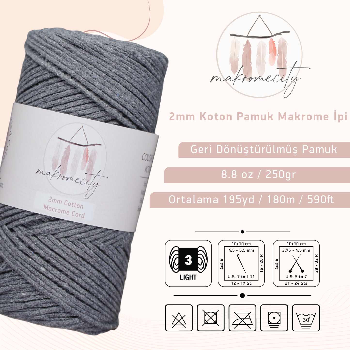 Premium 250 gr 185 metre 2mm Koton Pamuk Makrome İpi - Koyu Gri