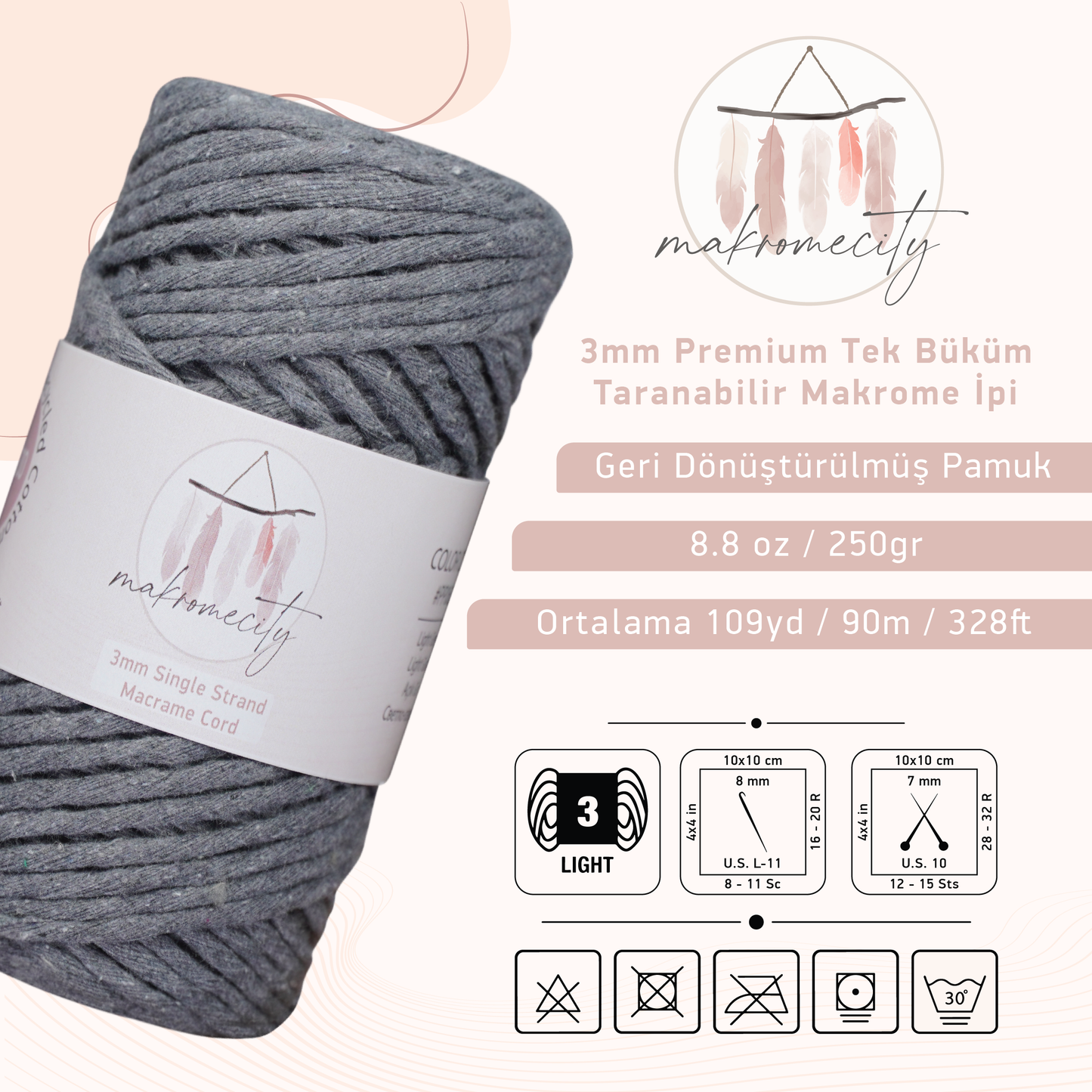 Premium 3mm Taranabilir Pamuk Makrome İpi Koyu Gri