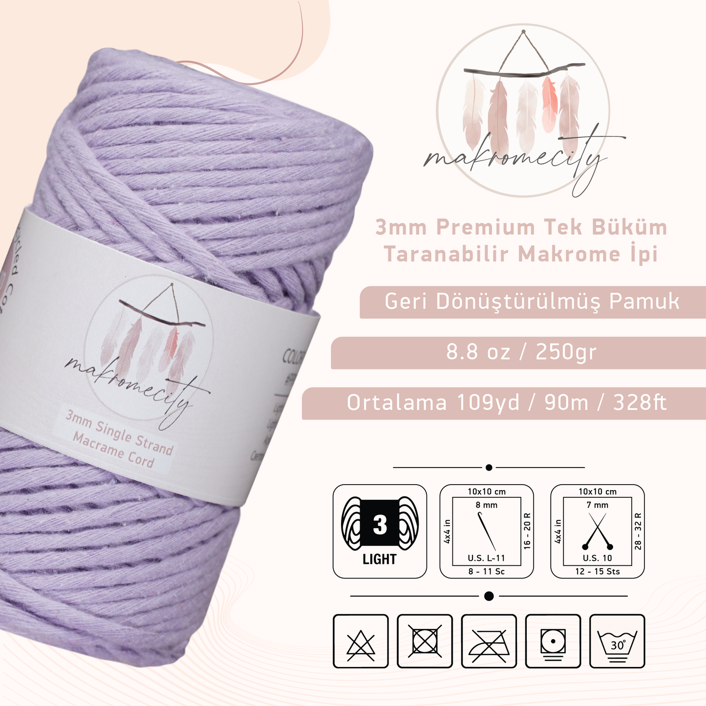 Premium 3mm Taranabilir Pamuk Makrome İpi Lila