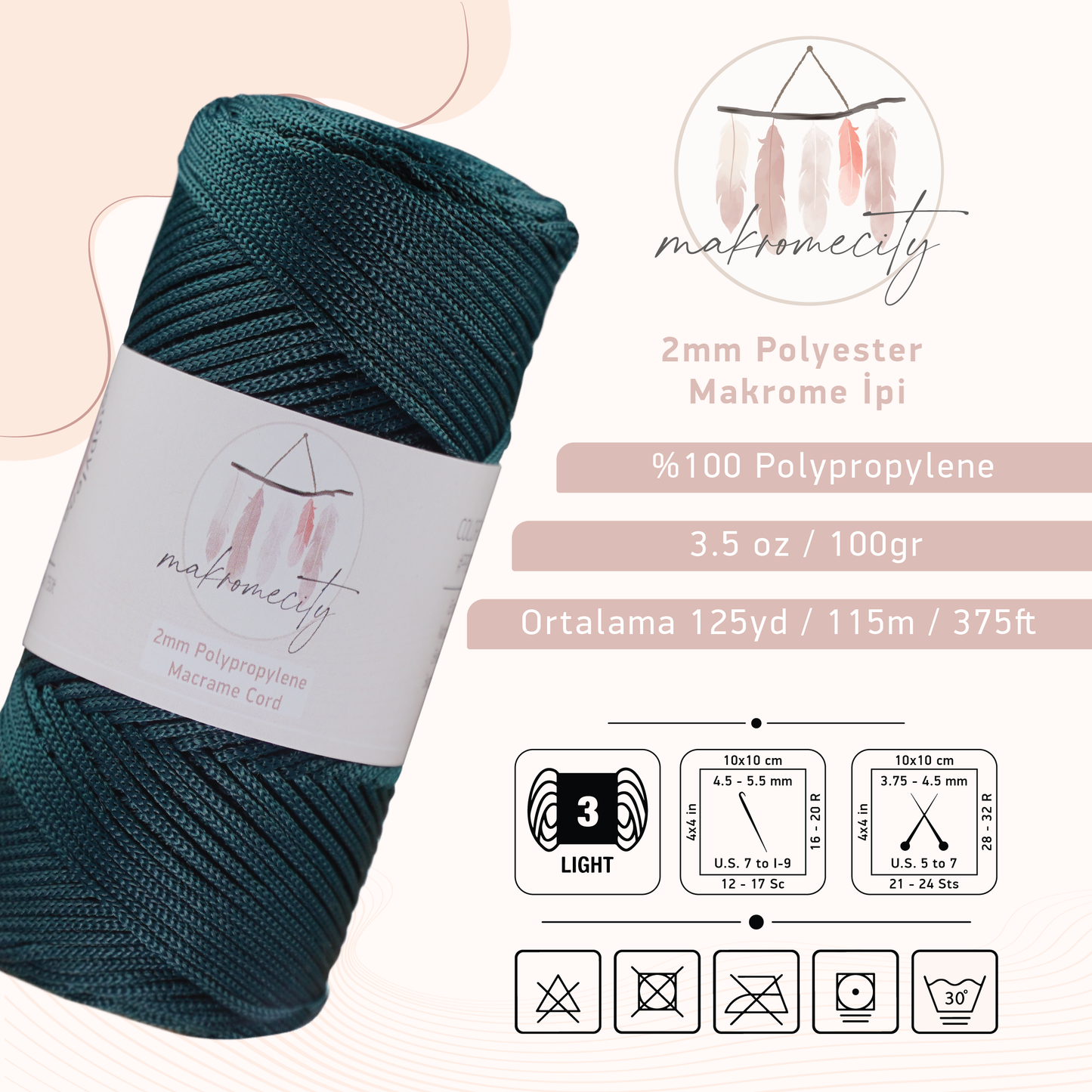 Polyester Makrome İpi 2mm x 115 metre - Nefti Yeşil
