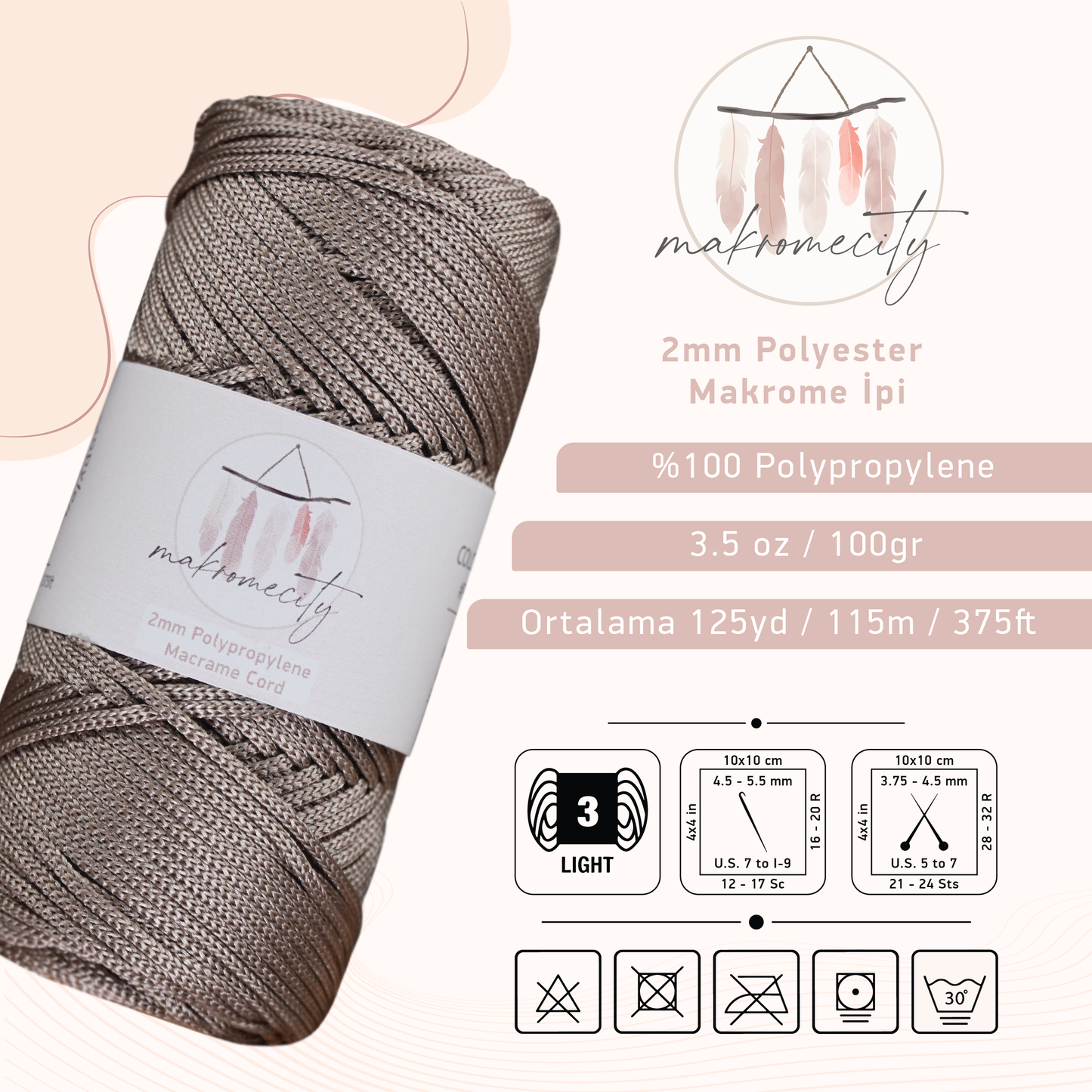 Polyester Makrome İpi 2mm x 115 metre - Vizon