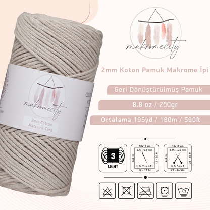 Premium 250 gr 185 metre 2mm Koton Pamuk Makrome İpi - Sütlü Kahve 