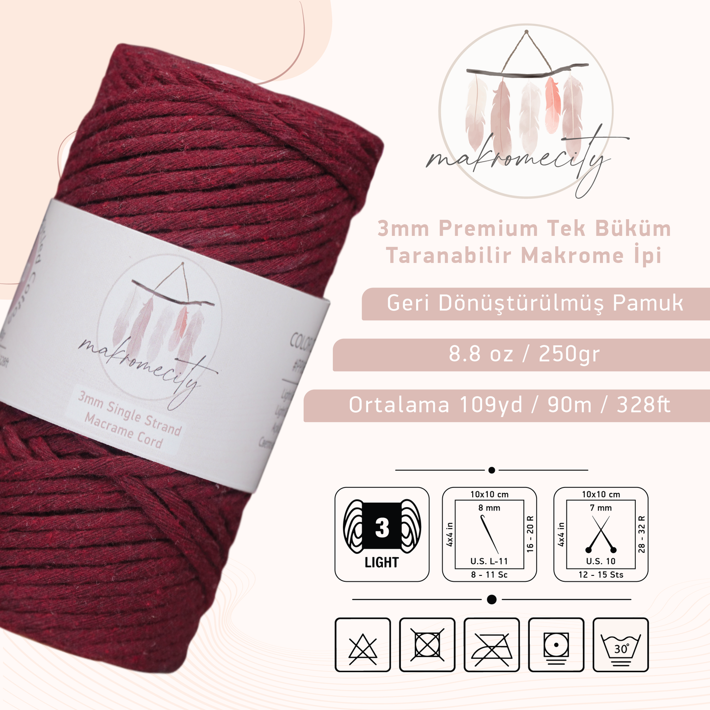 Premium 3mm Taranabilir Pamuk Makrome İpi Bordo 