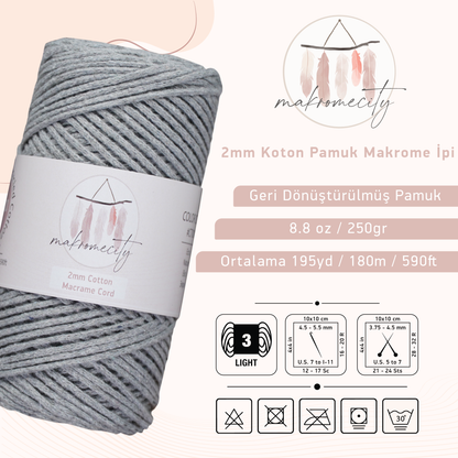 Premium 250 gr 185 metre 2mm Koton Pamuk Makrome İpi - Gri 