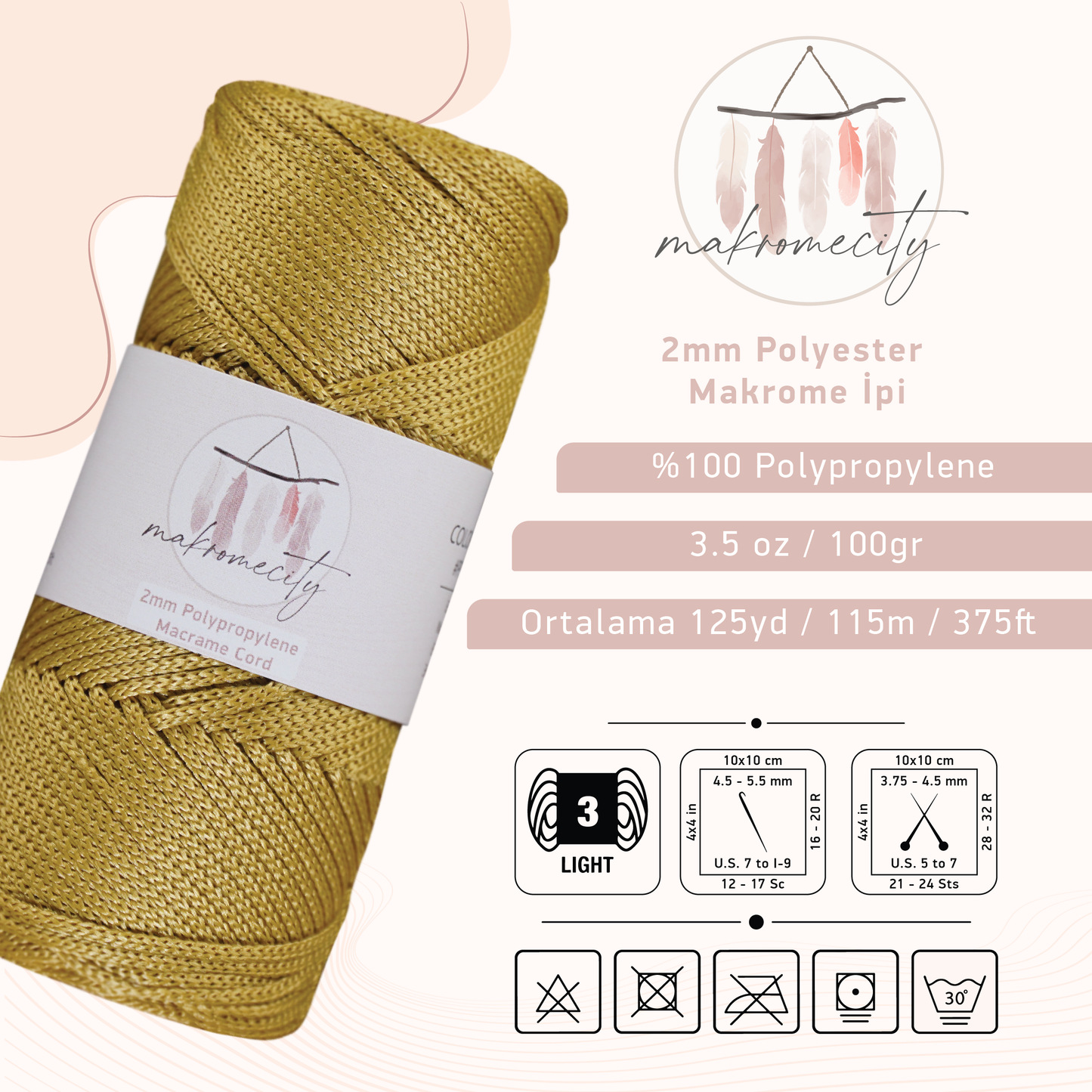 Polyester Makrome İpi 2mm x 115 metre - Hardal 