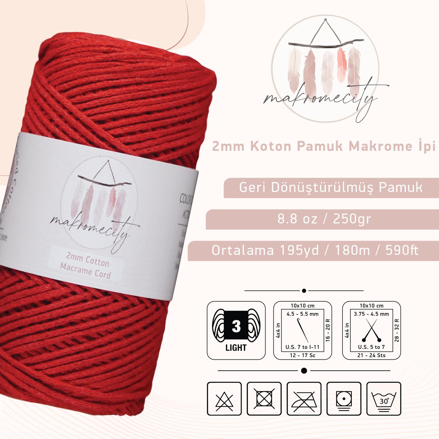 Premium 250 gr 185 metre 2mm Koton Pamuk Makrome İpi - Kırmızı 