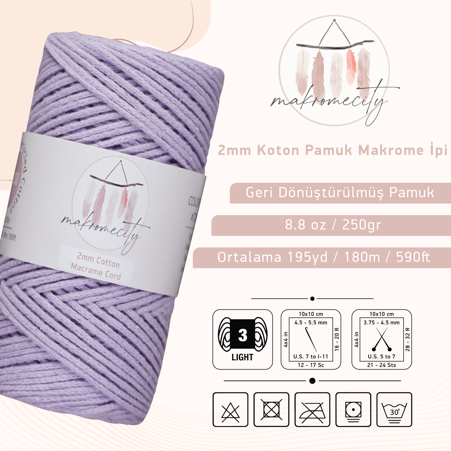 Premium 250 gr 185 metre 2mm Koton Pamuk Makrome İpi - Lila 