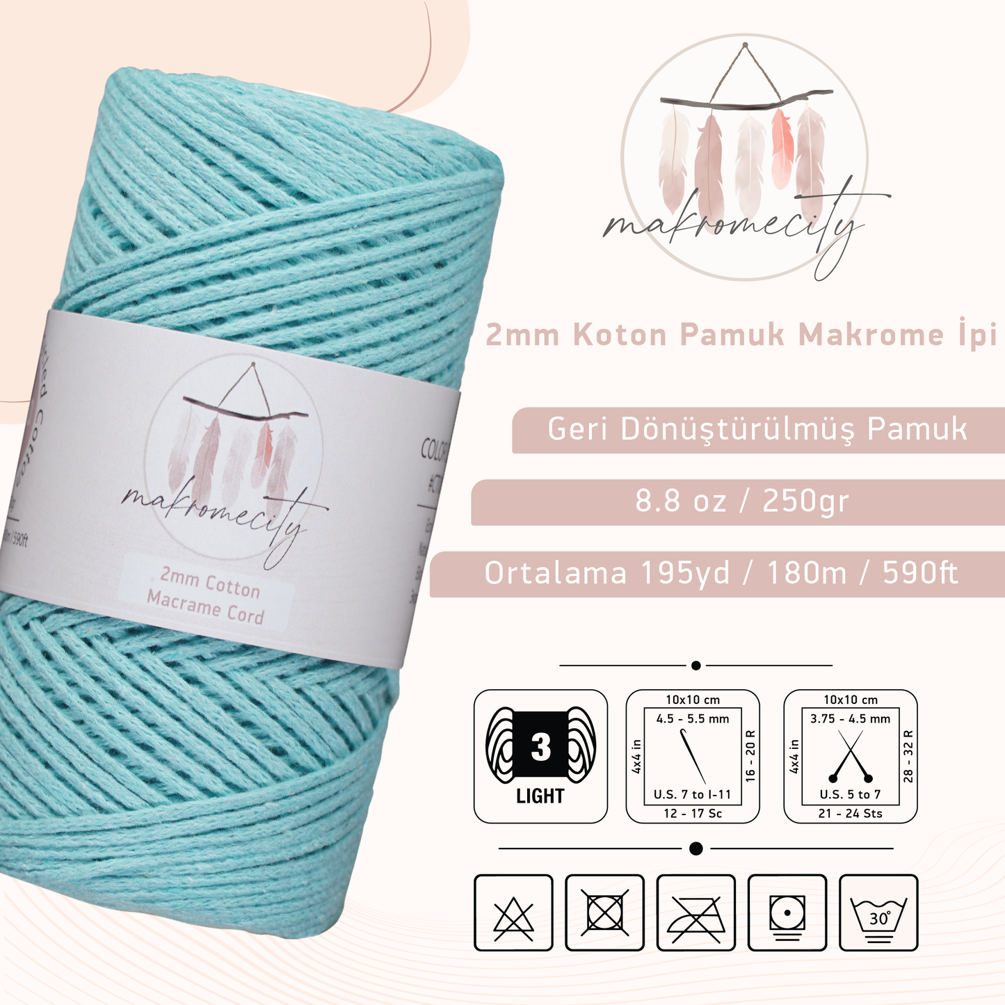 Premium 250 gr 185 metre 2mm Koton Pamuk Makrome İpi - Nane 