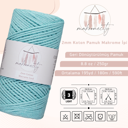 Premium 250 gr 185 metre 2mm Koton Pamuk Makrome İpi - Nane 