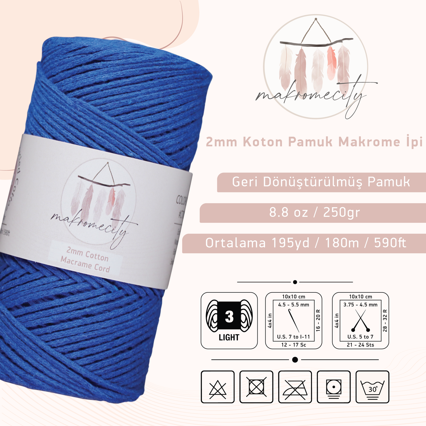 Premium 250 gr 185 metre 2mm Koton Pamuk Makrome İpi - Saks Mavi 